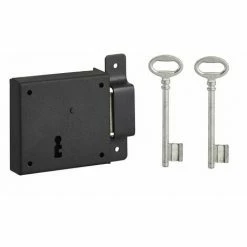 THIRARD - Serrure Horizontale En Applique à Clé Pour Porte De Cave, Pêne Seul, Droite, Axe 50mm, 85x76mm, Noir, 2 Clés